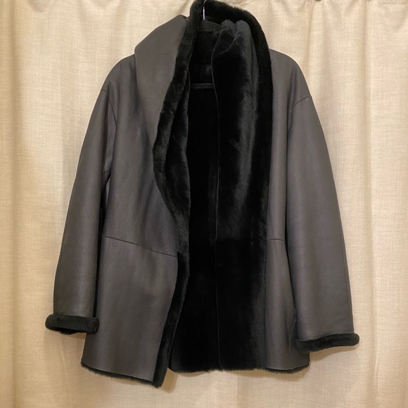 Vince shawl collar reversible lamb shearling fur leather jacket coat - Picture 5 of 11